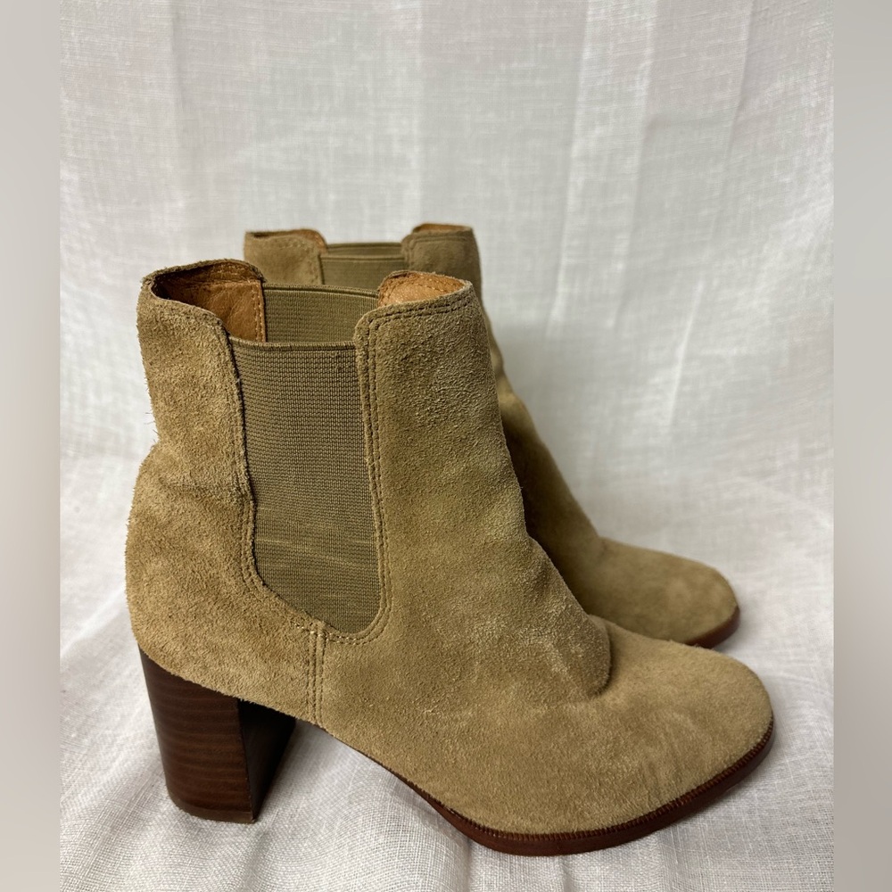 Madewell SZ 6 Laura Chelsea Taupe/Tan slip on ankle stacked block heel boots